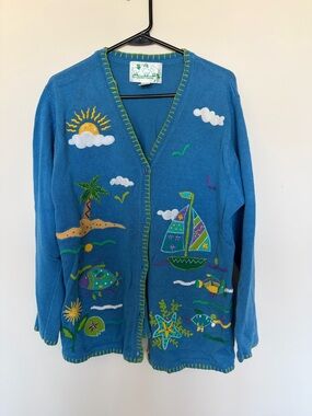 Quacker Factory Bright Blue Cardigan with Lime Stitch Detail